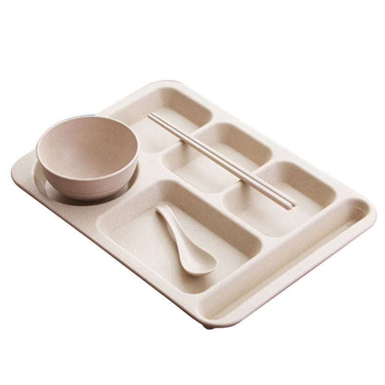 4pcs /Set Wheat Straw Split Dining Plate With Bowl Chopsticks Spoon Tableware Set(Beige)