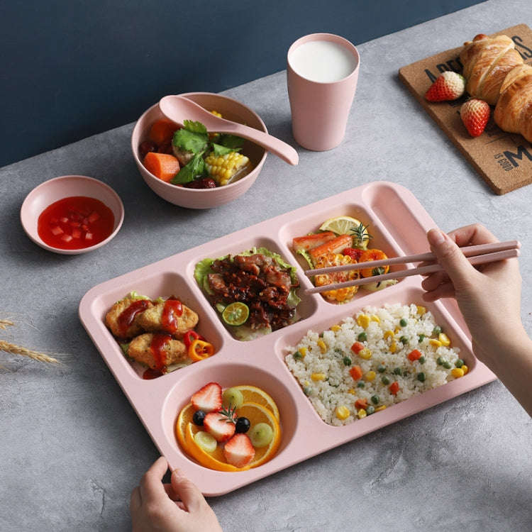 4pcs /Set Wheat Straw Split Dining Plate With Bowl Chopsticks Spoon Tableware Set(Pink)
