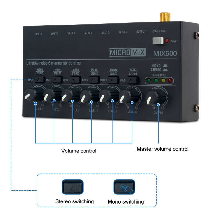 Ultra-Compact Low-Noise 6 Channel Stereo Audio Mixer, US Plug(MIX600)