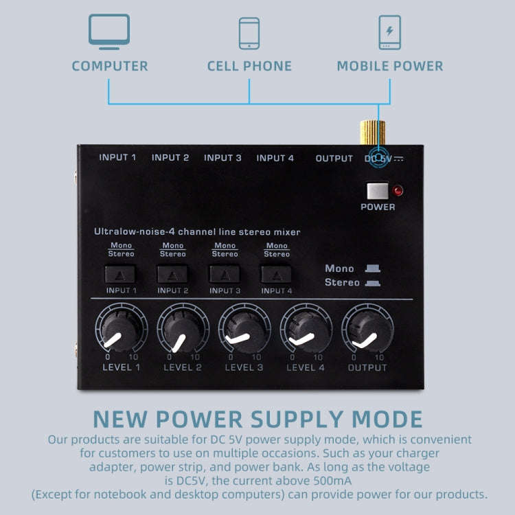 Ultra-compact 4 Channel Stereo Sound Low-noise Mixer For Recording Live Broadcasting, US Plug(MAX...