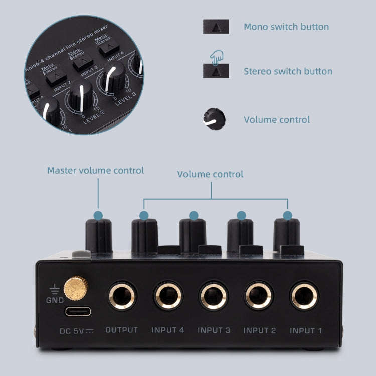 Ultra-compact 4 Channel Stereo Sound Low-noise Mixer For Recording Live Broadcasting, US Plug(MAX...