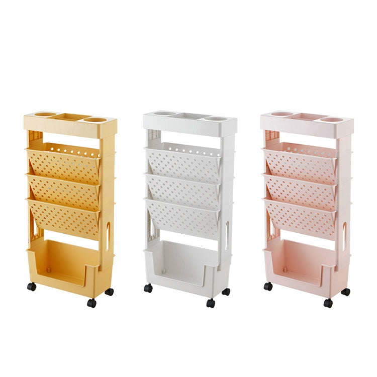 5-layer Movable Trolley Plastic Storage Rack for Student Books Vertical Bookshelves(Pink)
