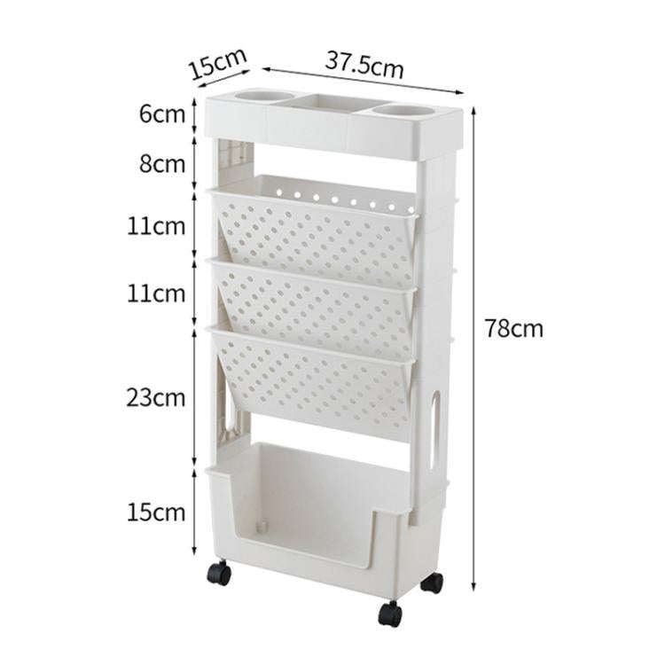 5-layer Movable Trolley Plastic Storage Rack for Student Books Vertical Bookshelves(White)