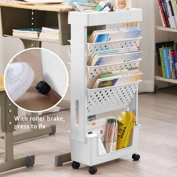 5-layer Movable Trolley Plastic Storage Rack for Student Books Vertical Bookshelves(Pink)