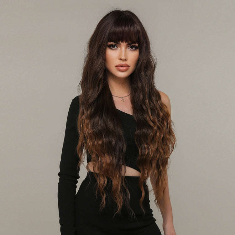 Women Long Hair Wig with Bangs Gradient Fluffy Water Ripple Curly Hair Wig, Color: Gradient Brown...