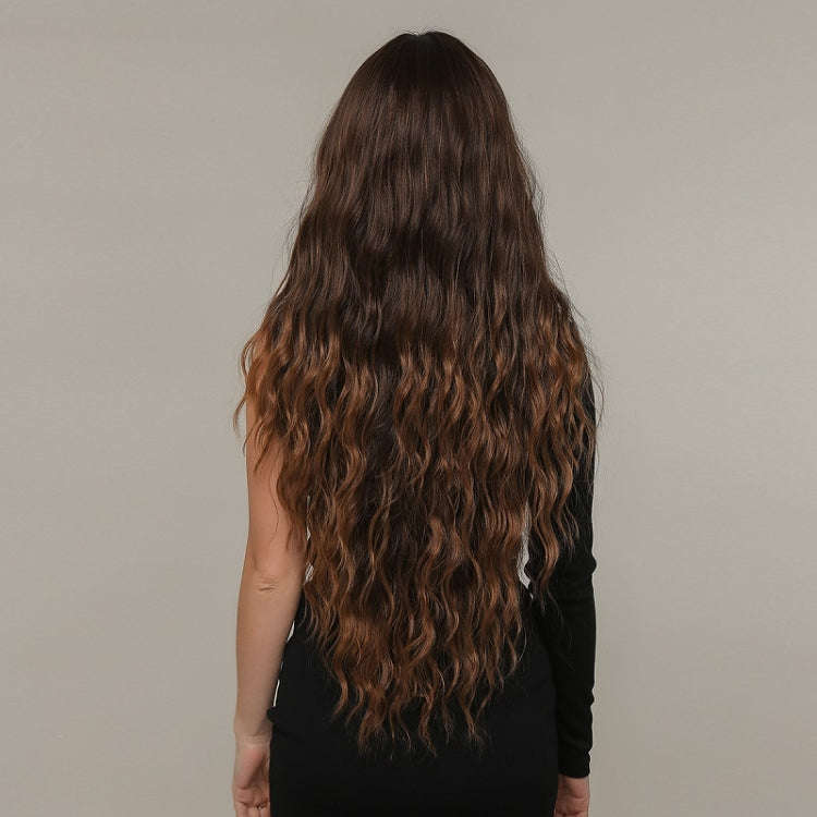 Women Long Hair Wig with Bangs Gradient Fluffy Water Ripple Curly Hair Wig, Color: Gradient Brown...