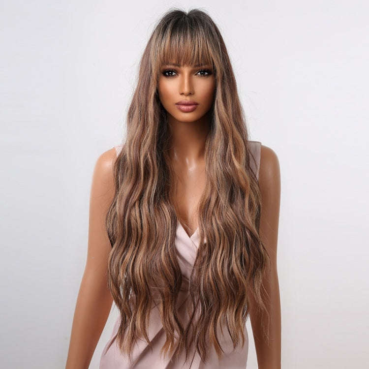 Women Long Hair Wig with Bangs Gradient Fluffy Water Ripple Curly Hair Wig, Color: Mixed Brown LC...