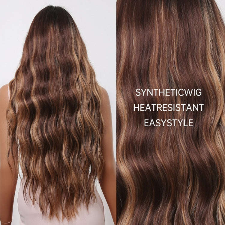 Women Long Hair Wig with Bangs Gradient Fluffy Water Ripple Curly Hair Wig, Color: Mixed Brown LC...