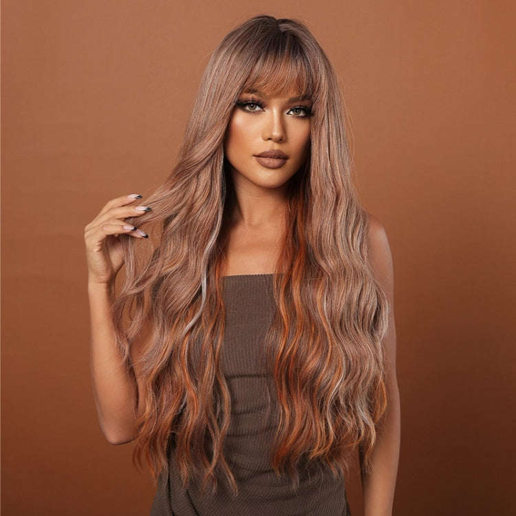 Women Long Hair Wig with Bangs Gradient Fluffy Water Ripple Curly Hair Wig, Color: Brown Pick Dye...