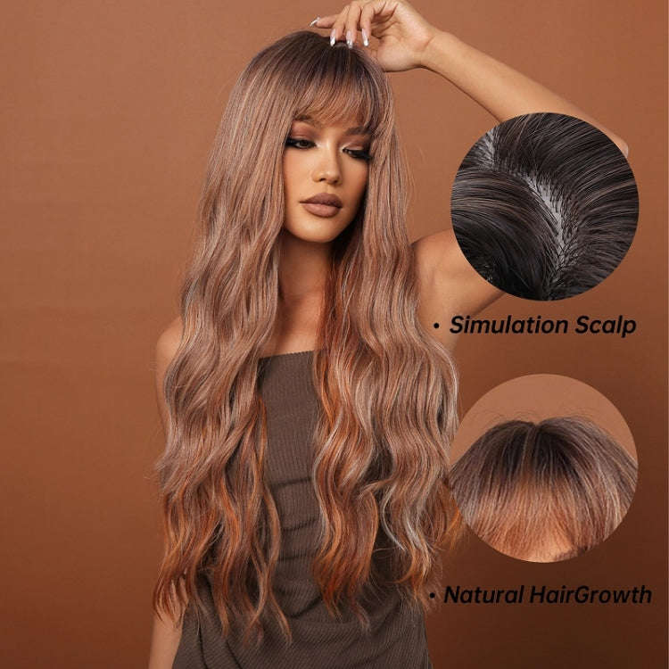 Women Long Hair Wig with Bangs Gradient Fluffy Water Ripple Curly Hair Wig, Color: Brown Pick Dye...