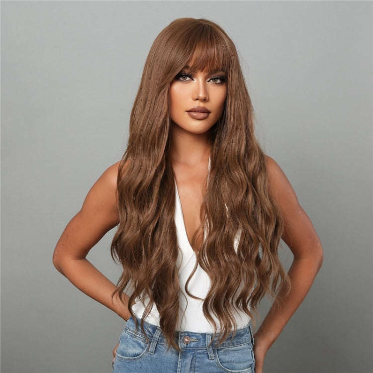Women Long Hair Wig with Bangs Gradient Fluffy Water Ripple Curly Hair Wig, Color: Coffee Brown L...