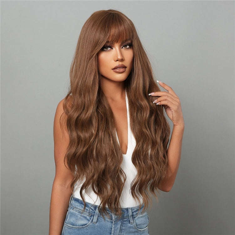 Women Long Hair Wig with Bangs Gradient Fluffy Water Ripple Curly Hair Wig, Color: Coffee Brown L...