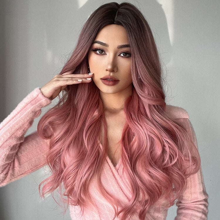 Gradient Pink Long Curly Chemical Fiber Wig Headgear(LC313)