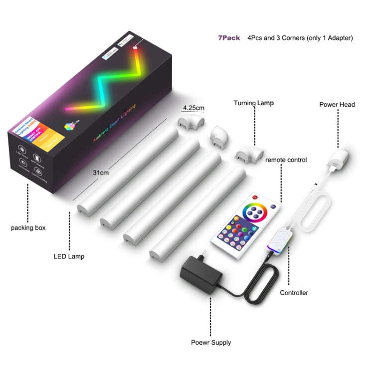 4pcs+3 Corners Bluetooth 12V RGBIC Splicing Wall Light Intelligent Remote Control Indoor Decorati...