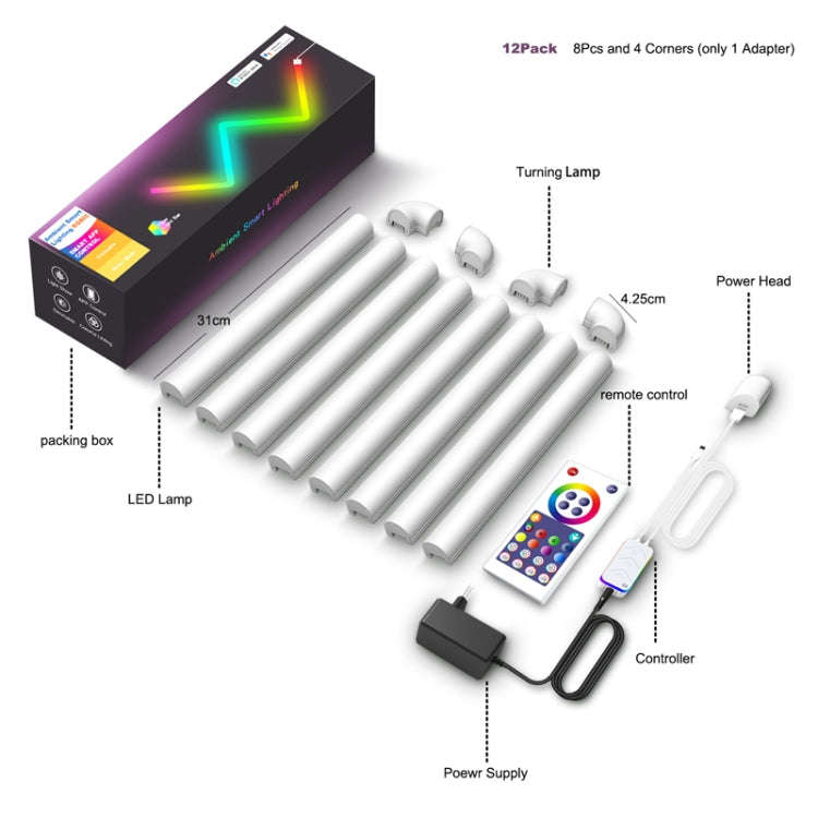 8pcs+4 Corners Bluetooth 12V RGBIC Splicing Wall Light Intelligent Remote Control Indoor Decorati...