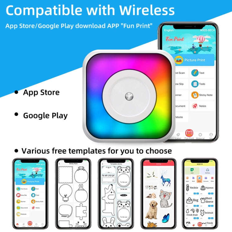 RGB Light Portable Mini Bluetooth Printer Inkless Document Label Printer with 5-Rolls Stickers