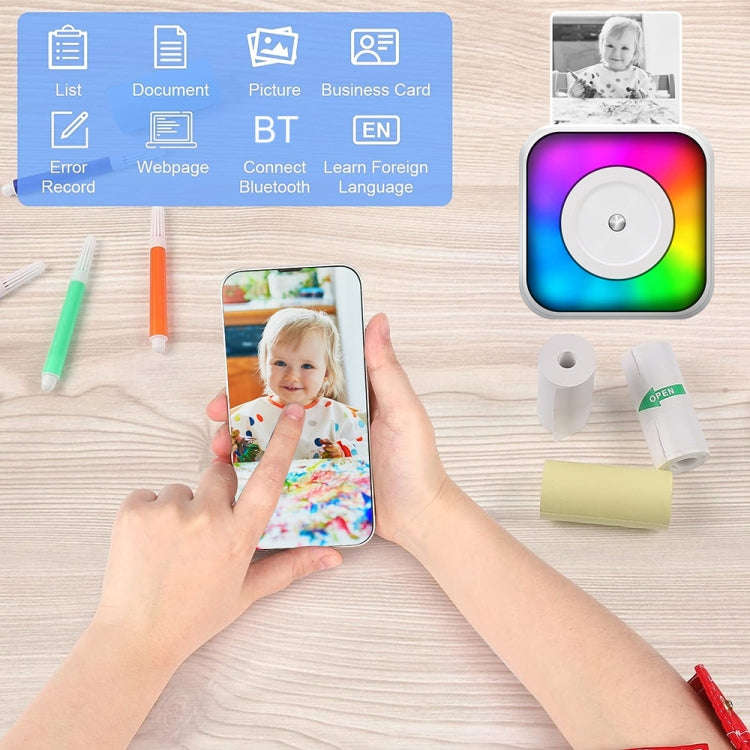 RGB Light Portable Mini Bluetooth Printer Inkless Document Label Printer with 1-Roll Paper