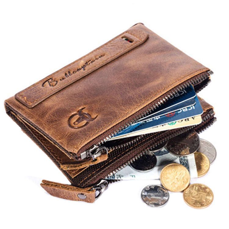 BULL CAPTAIN QB06 Retro First-layer Cowhide Anti-theft Zipper Wallet Short Drive License Coin Cli...