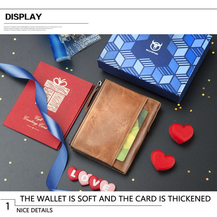 BULL CAPTAIN QB06 Retro First-layer Cowhide Anti-theft Zipper Wallet Short Drive License Coin Cli...