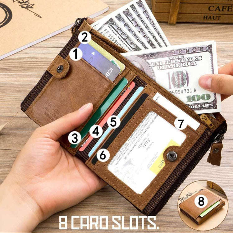 BULL CAPTAIN QB06 Retro First-layer Cowhide Anti-theft Zipper Wallet Short Drive License Coin Cli...