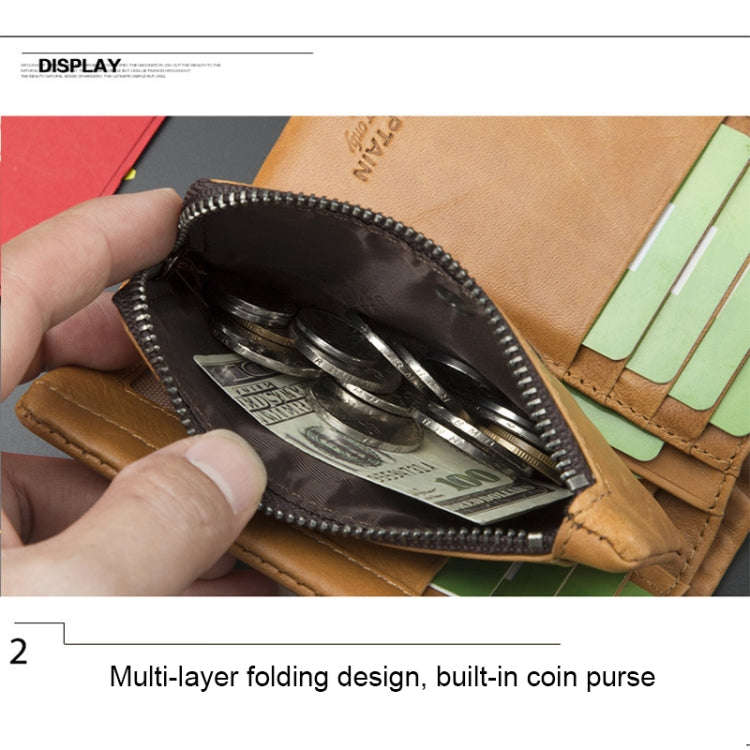 BULL CAPTAIN 03 Large-capacity Folding Multi-card Slot Cowhide Zipper Wallet Coin Clip(Brown)