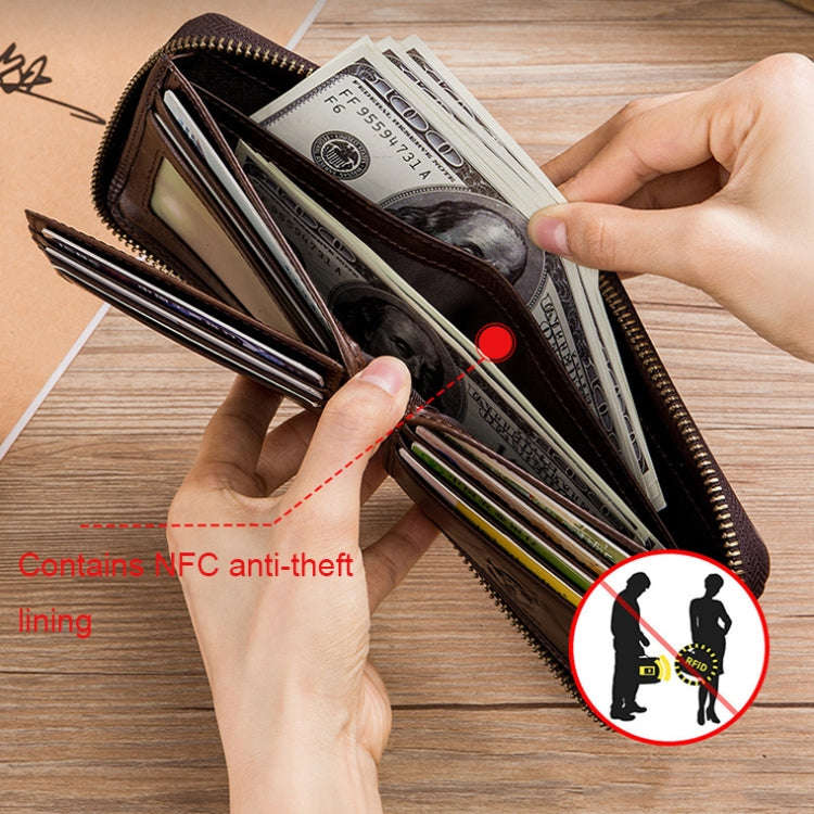BULL CAPTAIN 042 RFID Anti-theft Cowhide Multi-card Slot Business Card Holder Zipper Wallet(Coffee)