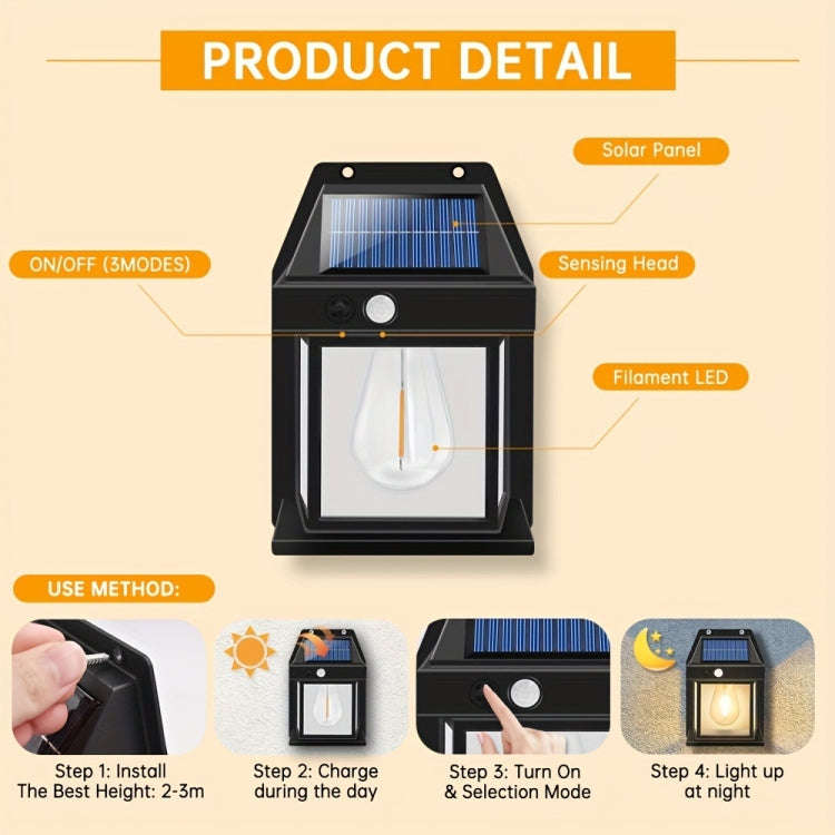 Solar Outdoor Tungsten Wall Light 3 Modes Body Sensing Waterproof Garden Villa Night Light, Spec:...