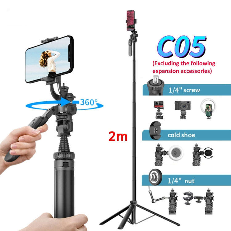2m Metal Tripod Selfie Stick With 4 Expansion Interfaces for Phone Camera(Black)