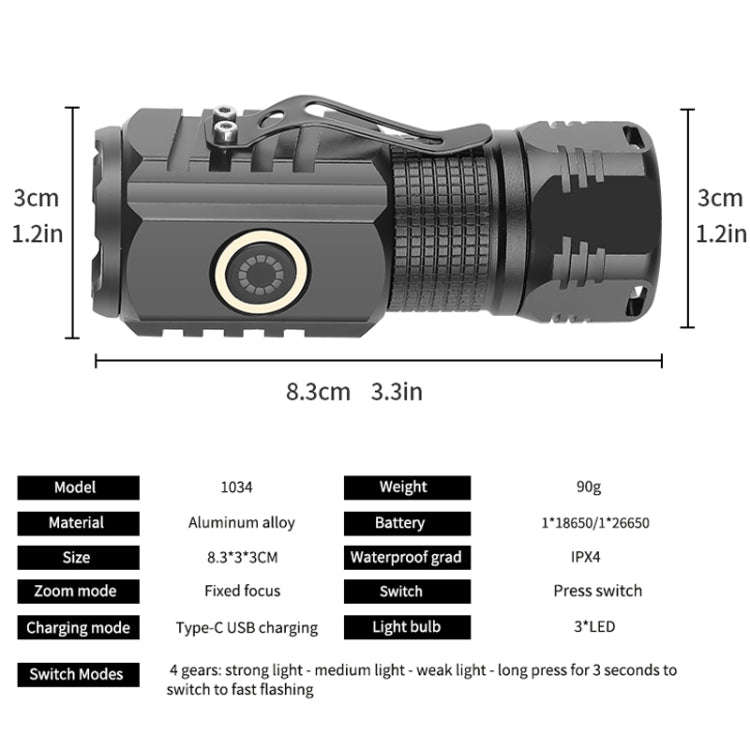 3LED Strong Light TYPE-C Charging Convenient Mini Multi-Function Flashlight(With USB Cable No Bat...