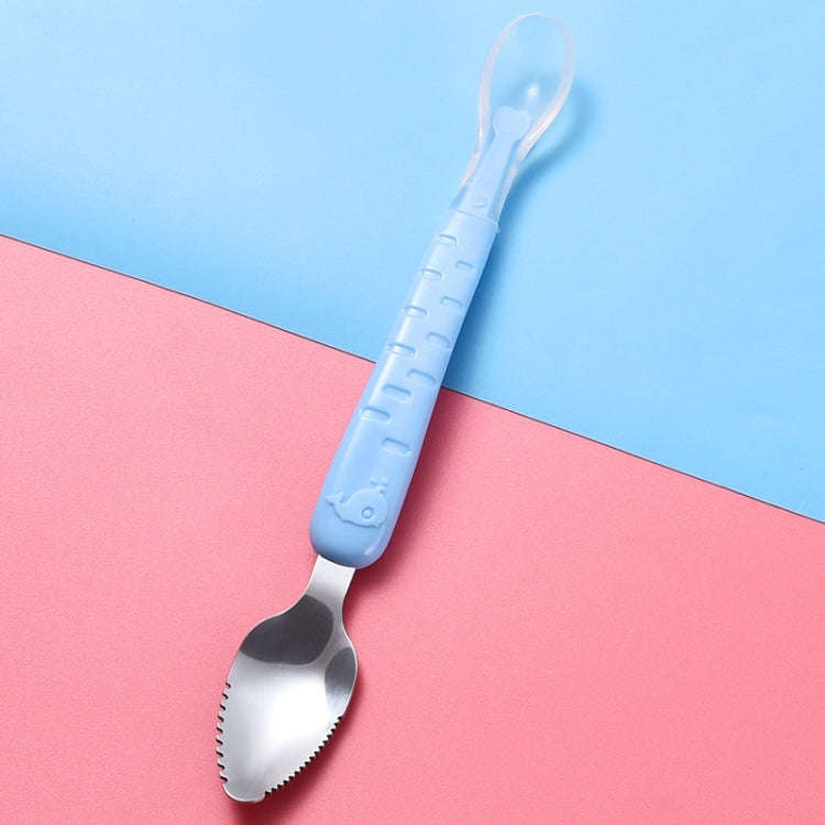 Baby Fruit Double-Ended Scraping Spoon 304 Stainless Steel Silicone Soft Spoon, Color: Blue