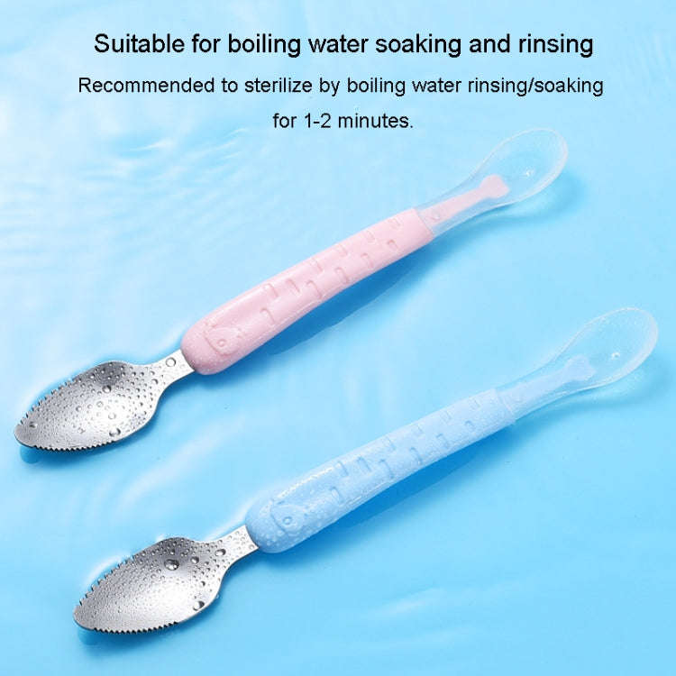 Baby Fruit Double-Ended Scraping Spoon 304 Stainless Steel Silicone Soft Spoon, Color: Blue
