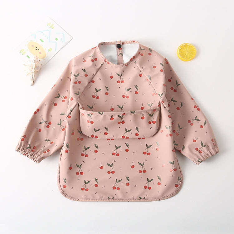 Long Sleeved Baby Soft PU Bib Waterproof Washable Easy Clean Smock With Pocket, Size: L(Leaf Cherry)