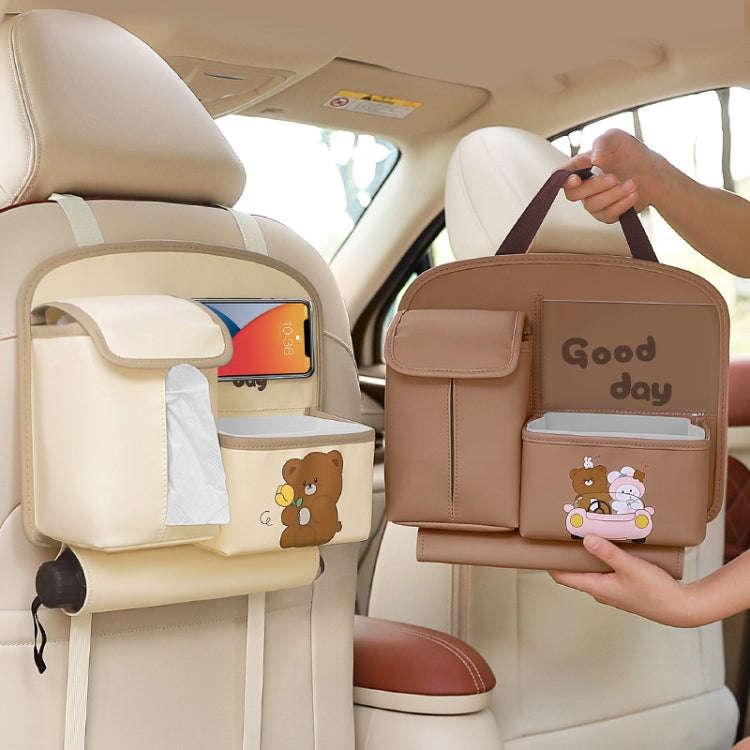 Multifunctional Car Cute Cartoon Rear Seat Back-mounted Storage Bag Garbage Bin in Car(Beige)