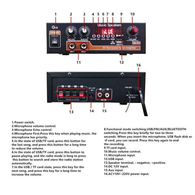 Bluetooth Built-in Recording Microphone USB Flash Drive Digital Dual-purpose Power Amplifier(US P...