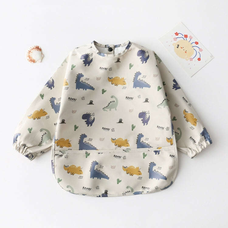 Long Sleeved Baby Bib Waterproof Washable Easy Clean Smock With Pocket, Size: M(Dinosaurs)
