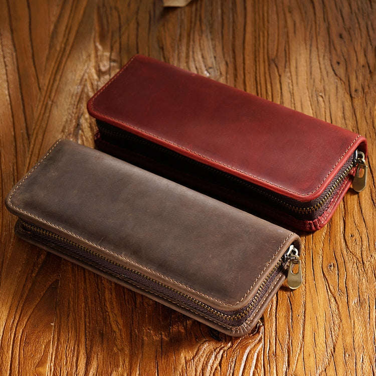 Retro Crazy Horse Leather Square Pencil Case Genuine Leather Zipper Pen box(Black)