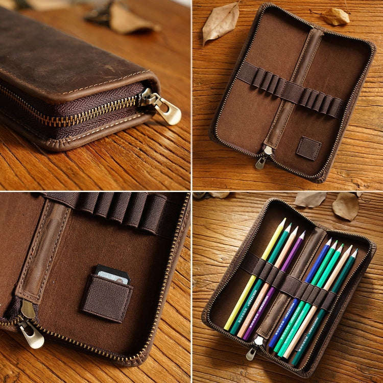 Retro Crazy Horse Leather Square Pencil Case Genuine Leather Zipper Pen box(Coffee)