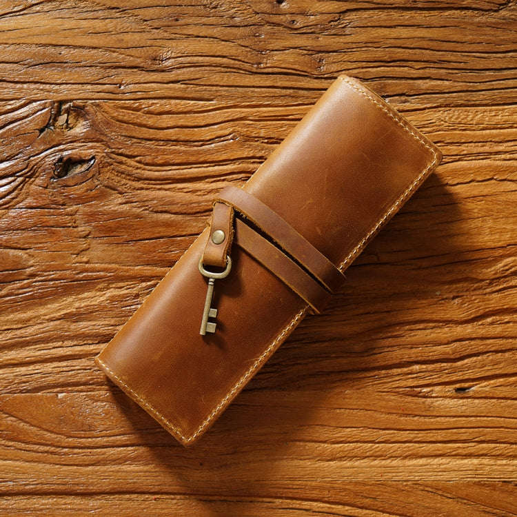 Retro Genuine Leather Pen Curtain Pencil Case Tie Rope With Key(Crazy Horse Brown)
