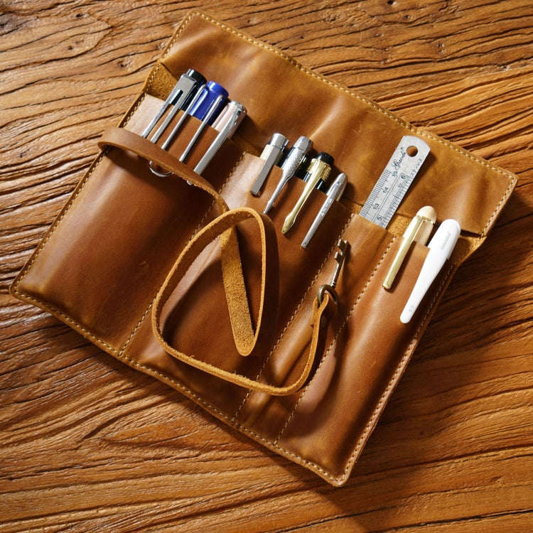 Retro Genuine Leather Pen Curtain Pencil Case Tie Rope With Key(Crazy Horse Black)