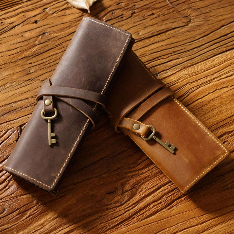 Retro Genuine Leather Pen Curtain Pencil Case Tie Rope With Key(Crazy Horse Black)