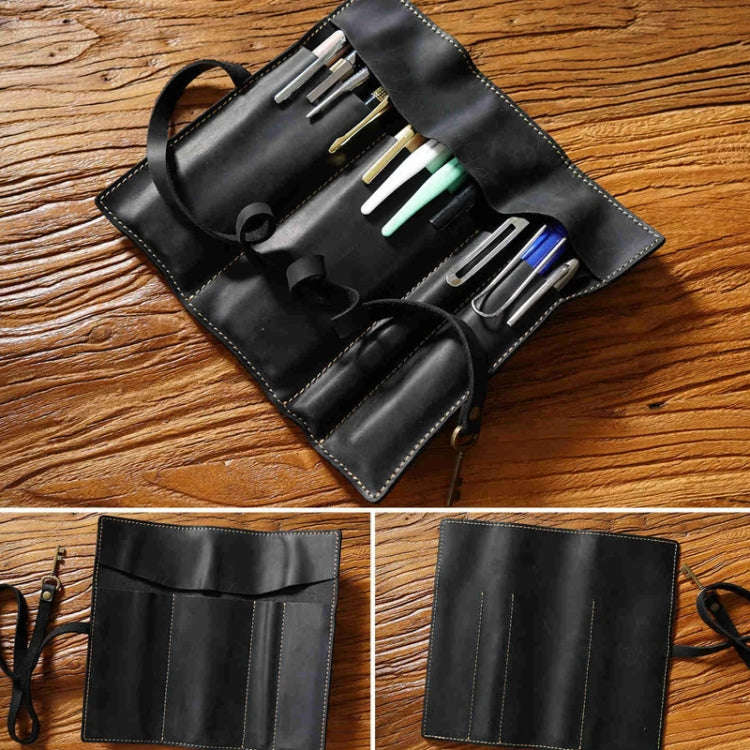 Retro Genuine Leather Pen Curtain Pencil Case Tie Rope With Key(Crazy Horse Black)