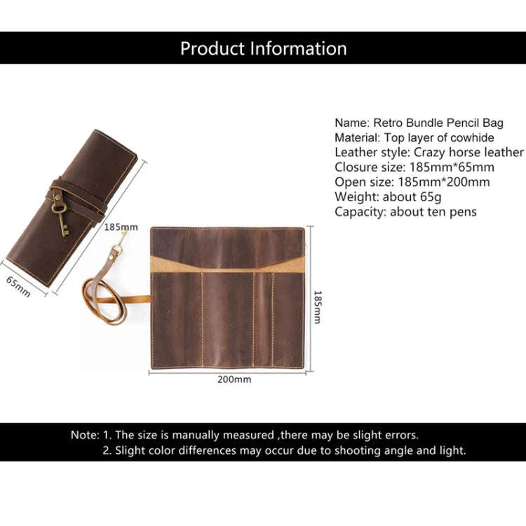 Retro Genuine Leather Pen Curtain Pencil Case Tie Rope With Key(Crazy Horse Black)