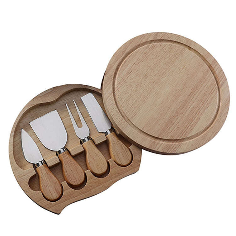 4pcs /Set Round Oak Box Cheese Knife Spatula Stainless Steel Cheese Tools Cutlery, Color: Steel C...