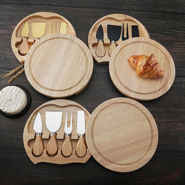 4pcs /Set Round Oak Box Cheese Knife Spatula Stainless Steel Cheese Tools Cutlery, Color: Steel C...