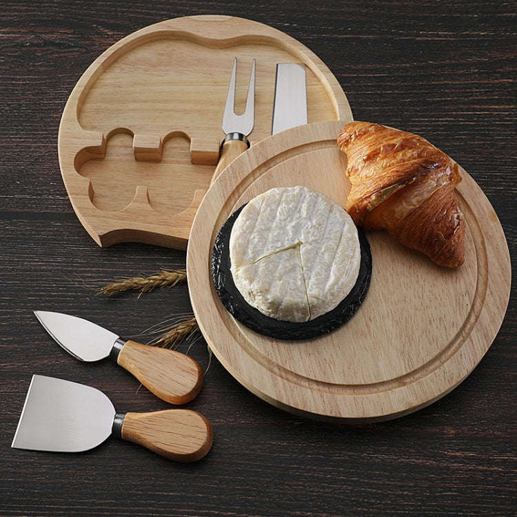4pcs /Set Round Oak Box Cheese Knife Spatula Stainless Steel Cheese Tools Cutlery, Color: Steel C...