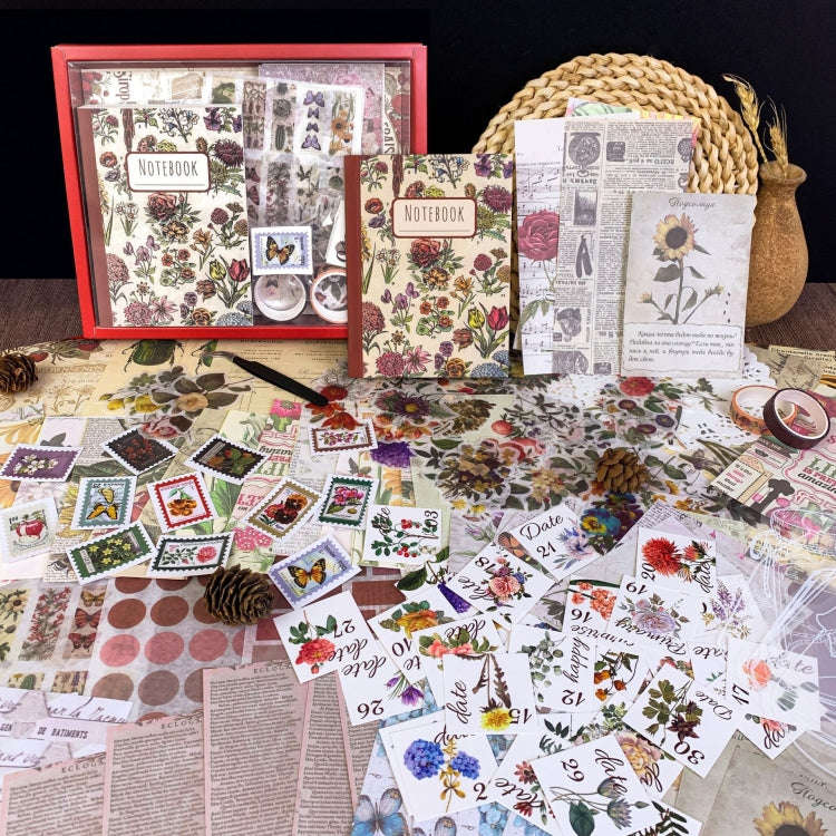 265 In 1 Retro Floral Scrapbook Set Includes A6 Notebook + Stickers + Tape + Stamps + Scrapbook P...