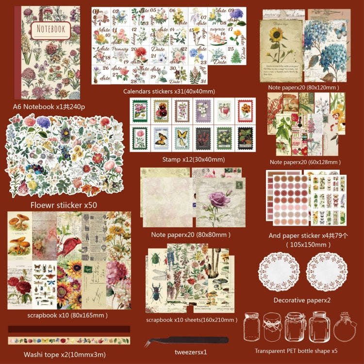 265 In 1 Retro Floral Scrapbook Set Includes A6 Notebook + Stickers + Tape + Stamps + Scrapbook P...