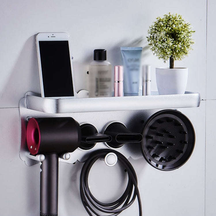 Wall Mounted Hair Dryer Holder Hole-Free Bathroom Space Aluminum Multifunctional Shelf, Style: La...