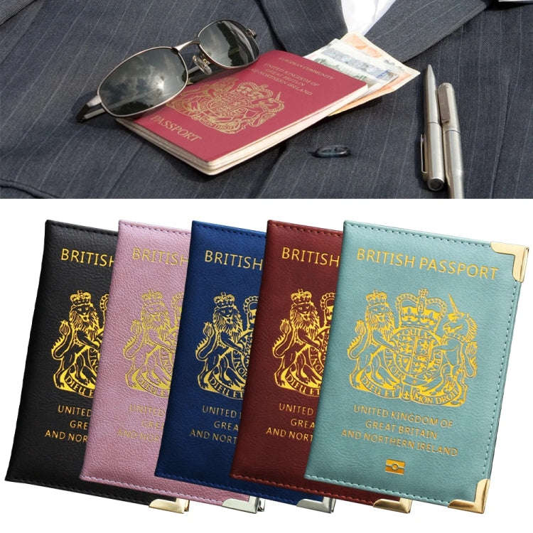 British Passport Case Leather Metal Feet Passport Protection Cover(Black)