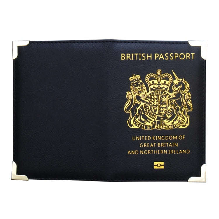 British Passport Case Leather Metal Feet Passport Protection Cover(Black)